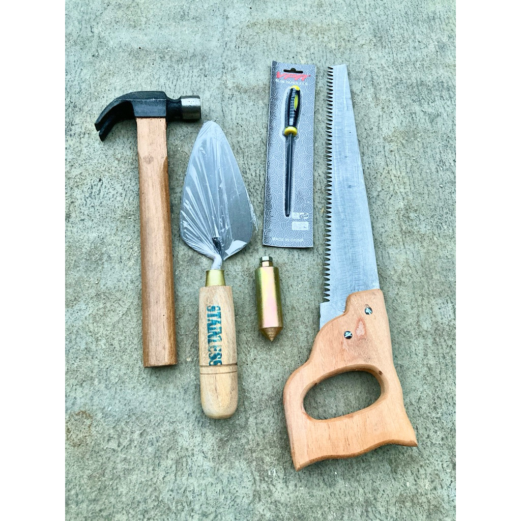 Paket Tukang 5pcs gergaji, palu, linggis, kikir, meteran, cetok, lot tukang, benang, kasoet Terbaik