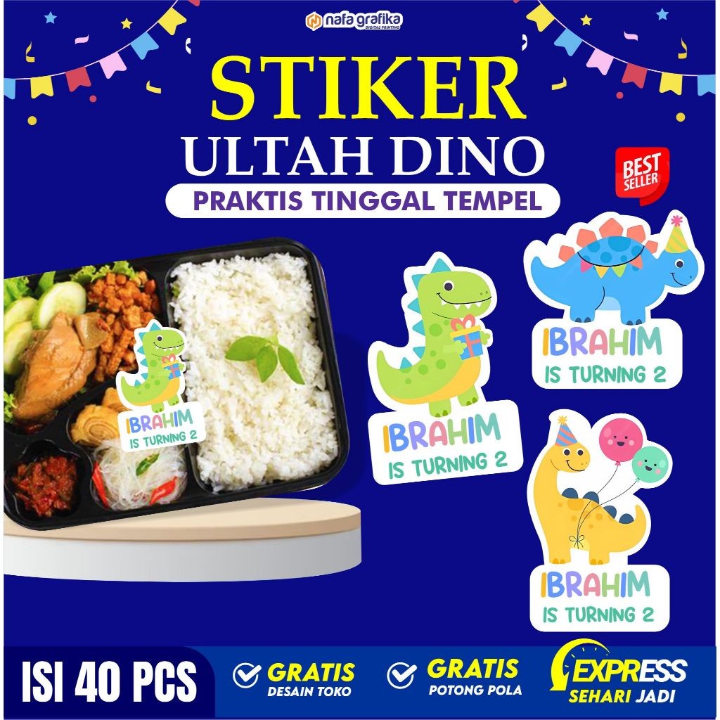 Stiker Ulang Tahun Anak Pesta Ucapan Ultah Sticker Kemasan Box Bento Dino Custom Lucu