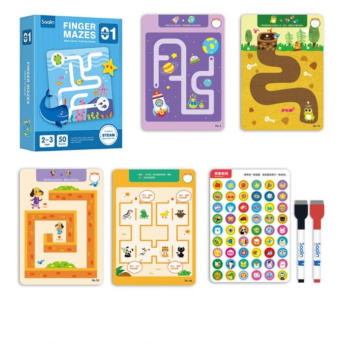 Saalin Mazes Wipe Clean Activity Card mainan edukasi papan tulis anak - Finger Maze