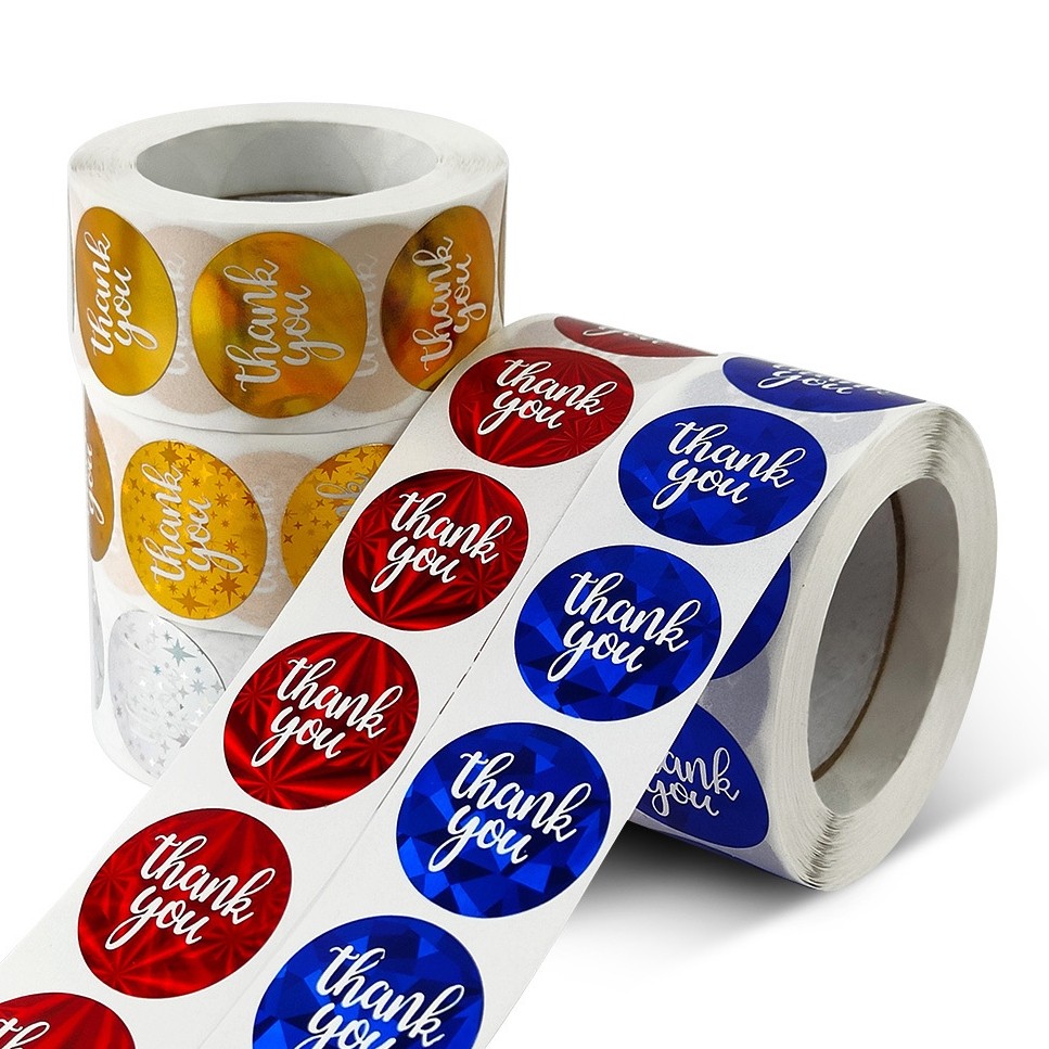 Sticker Label Thank You Glitter Laser Hologram Decoratif Stiker DIY Warna Warni Pelangi (1 Roll isi 