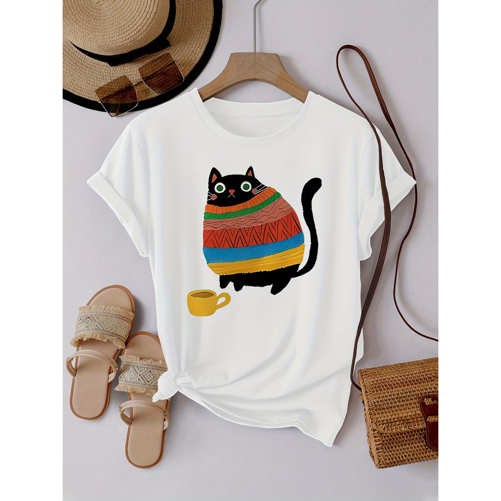 Kaos Putih 100% Wanita dengan Cetakan Kucing Hitam & Putih Lucu & Sweater Berwarna - Atasan Santai L