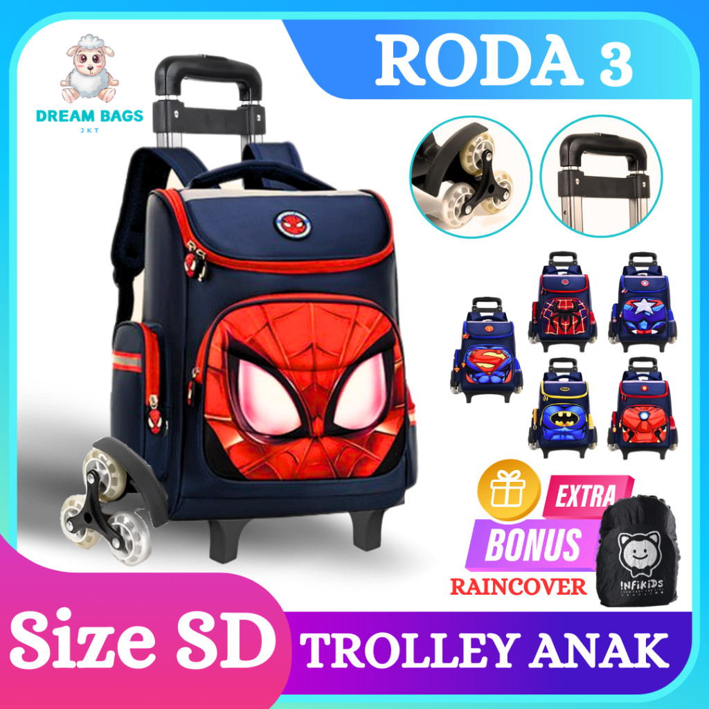 Tas Troli RODA 3 Karakter - Tas Dorong Anak Laki Laki - Tas Koper Anak SD - Tas Troli Anak Sekolah S