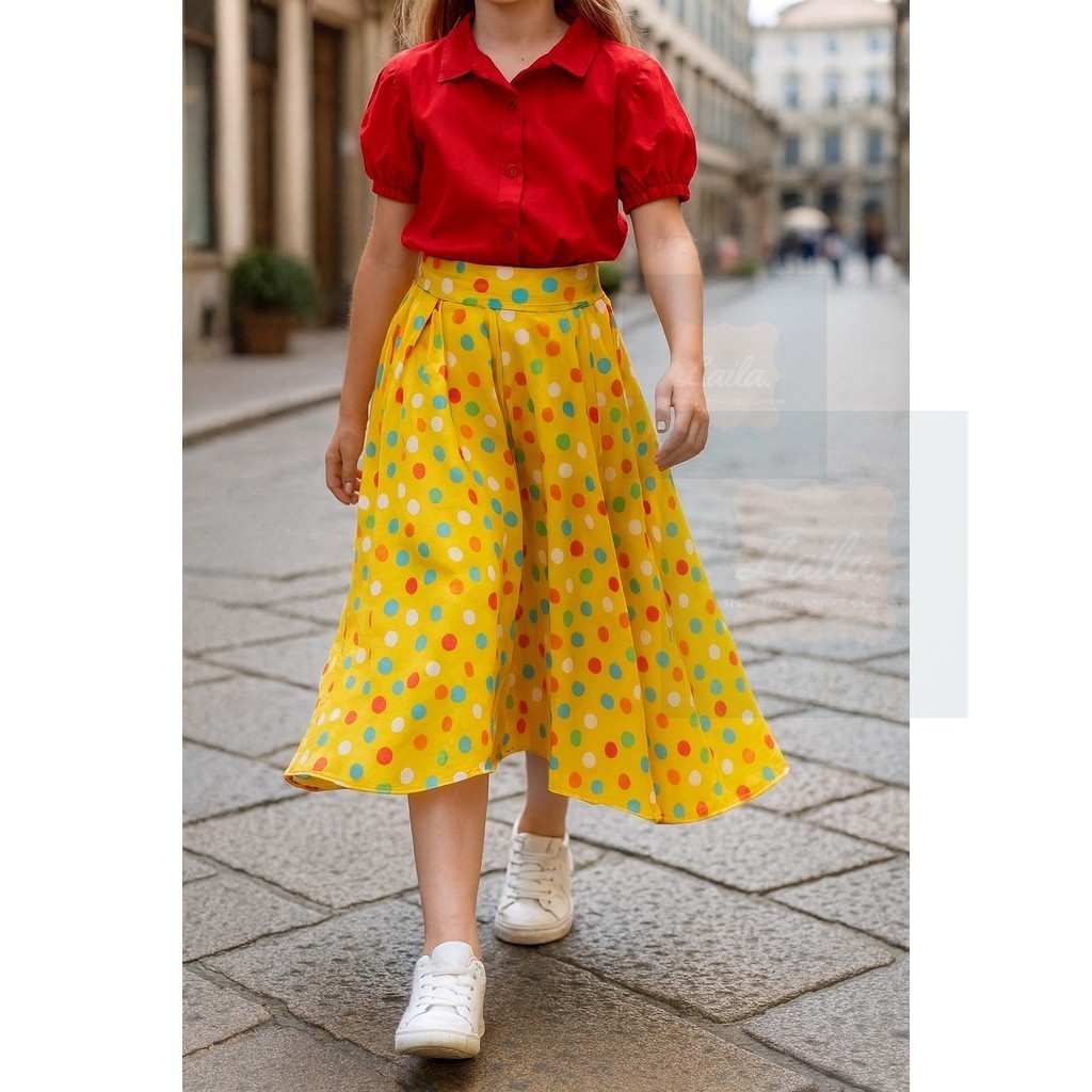 Rok Panjang Circle Anak Perempuan Bahan Katun Rayon Motif polkadot Printing
