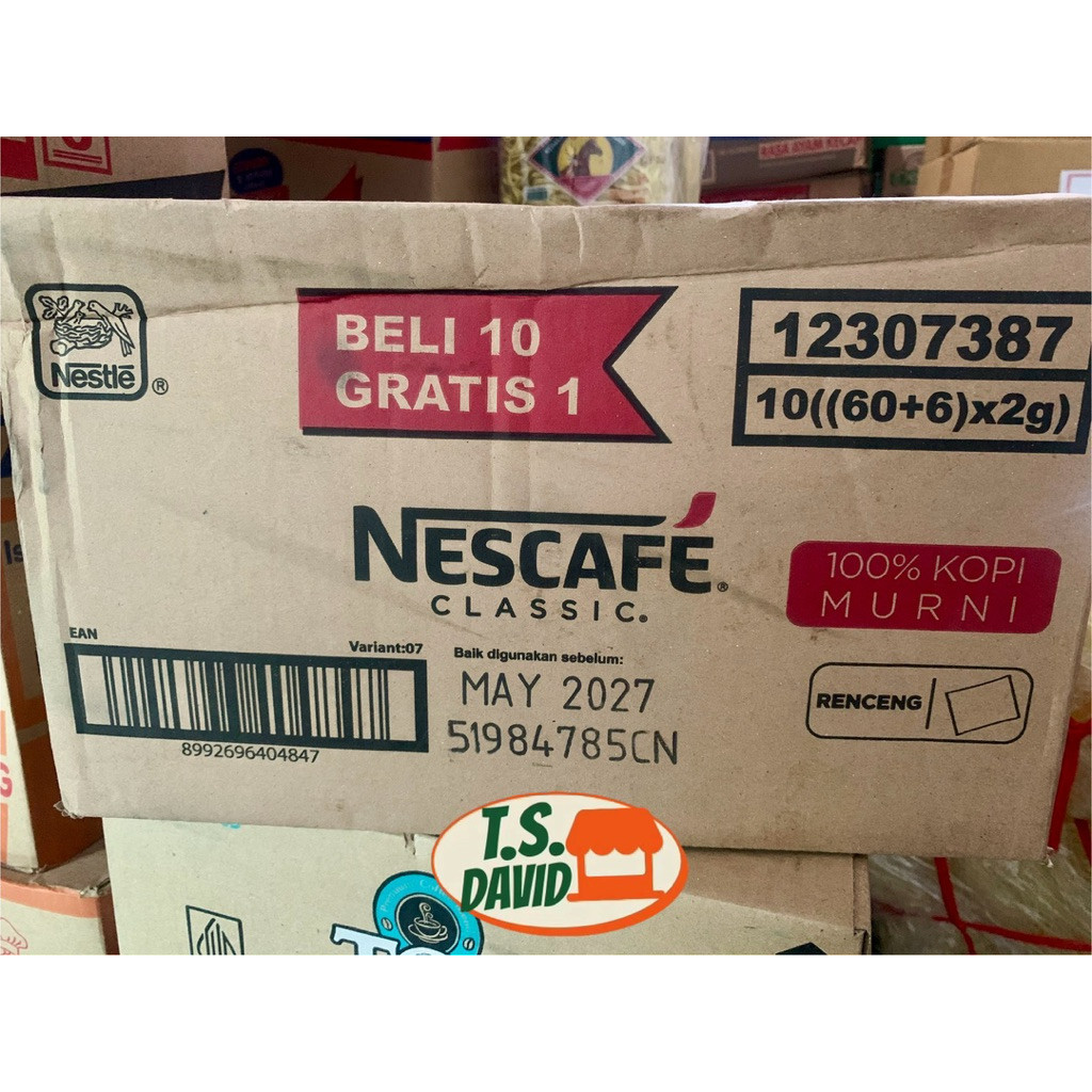 Nescafe Classic 1 Karton (Dus)  (Beli 10 Gratis 1) isi 60 Renceng 660 Sachet @2g Kopi Hitam Instan S