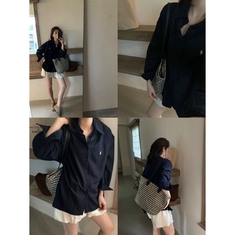 LAPAKSHOP kemeja hitam polos wanita stripe polo shirt lengan panjang bahan rayon