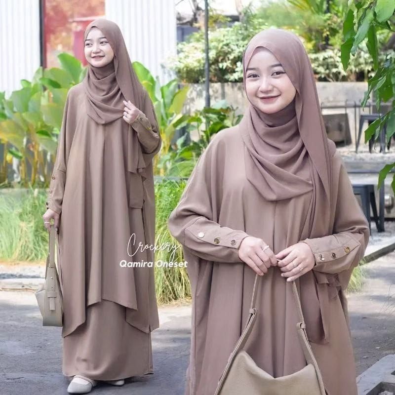 Qamira Set Rok Setelan Wanita Kekinian Tunik Crinkle Airflow One Set Wanita Rok Panjang LD 110 cm