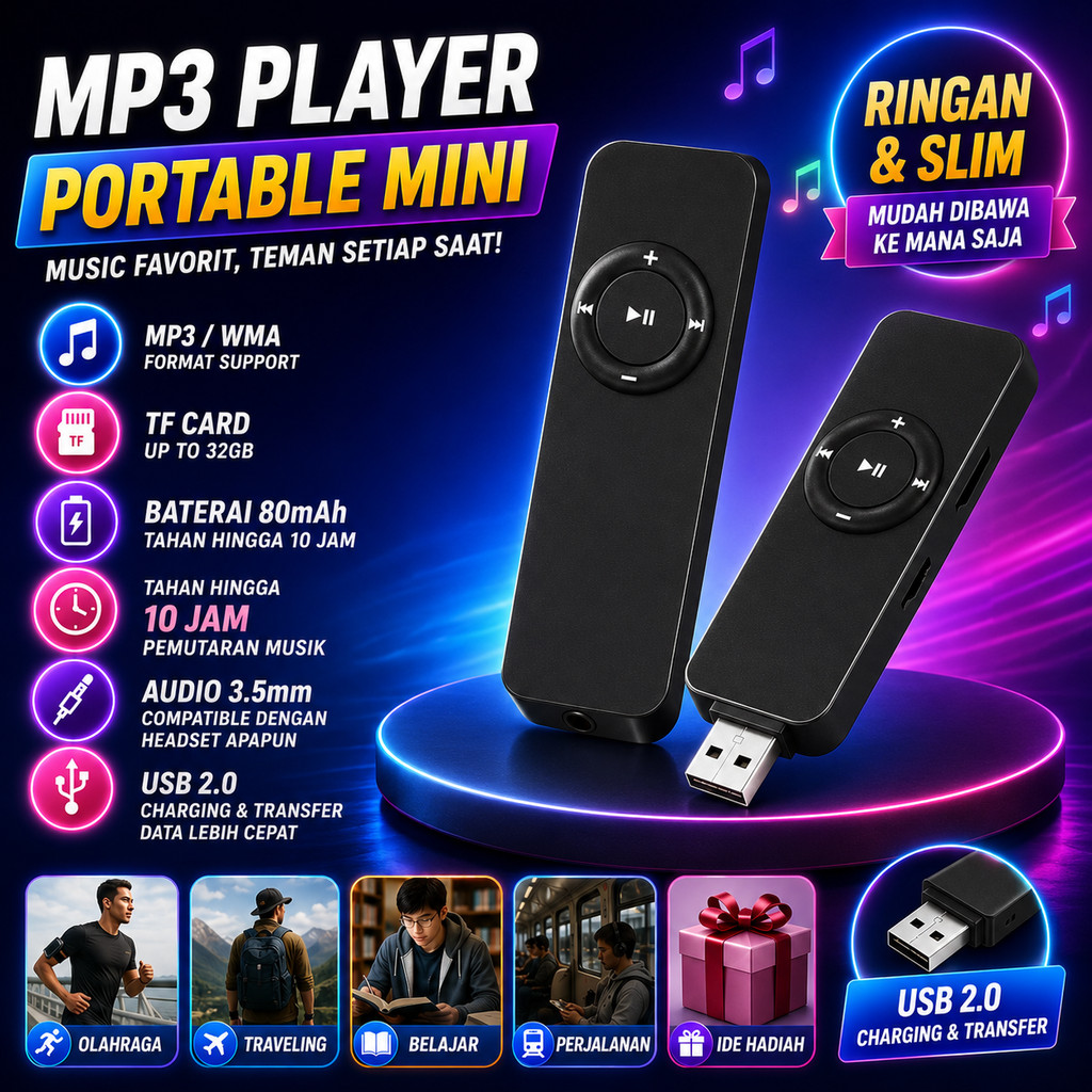 MP3 Player Portable Mini USB 2.0 TF Card Support Up To 32GB  MP3 WMA Baterai 80mAh Tahan 10 Jam Audi