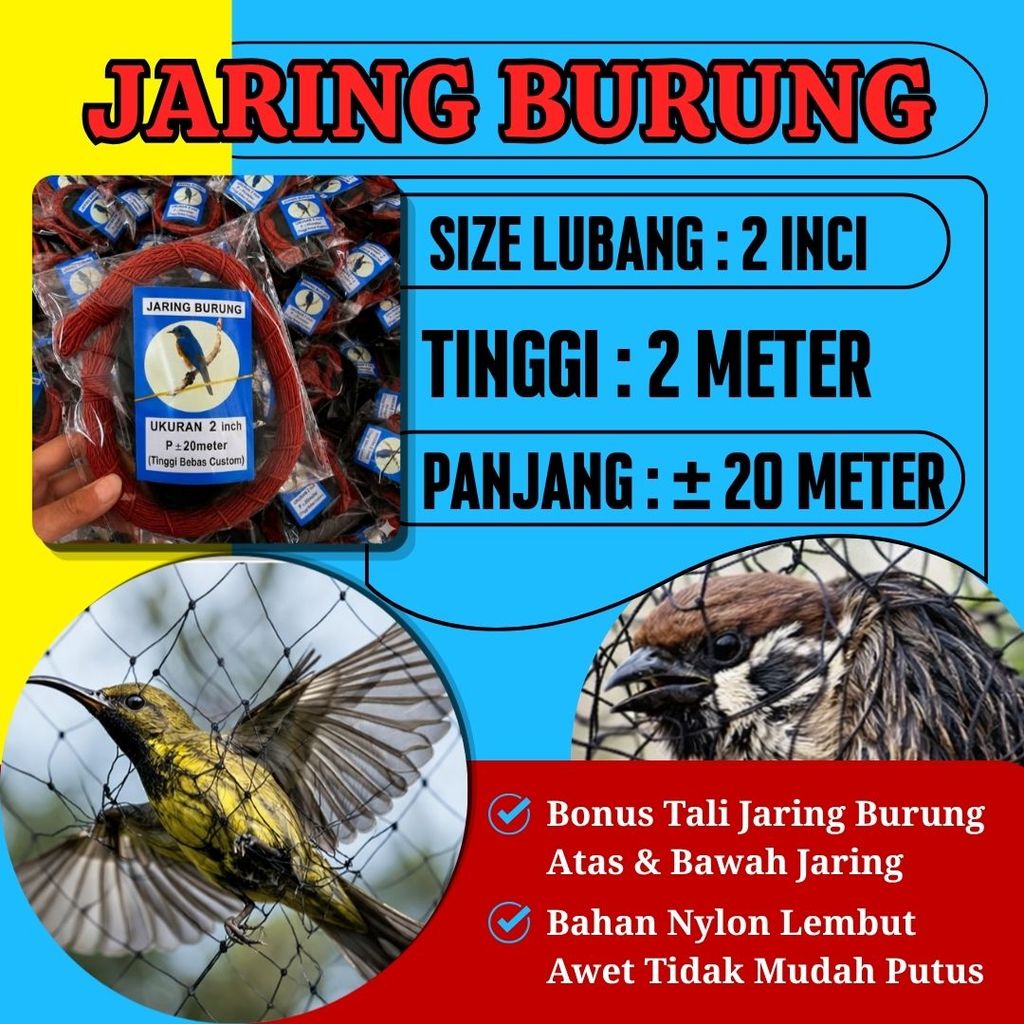 Jaring Burung Warna Hitam Bonus Tali Lebar 2 Meter x ±20 Meter Lubang Kecil 1 Jari 2" Benang Senar 0