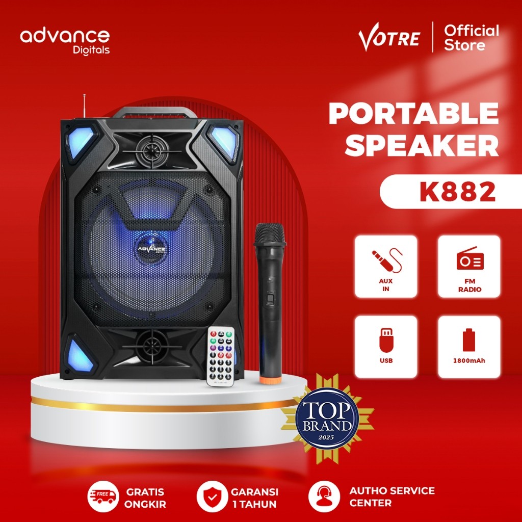 Advance Bluetooth Speaker K882 Speaker Dengan 8" Music Box Portable Sub woofer Karaoke USB Radio