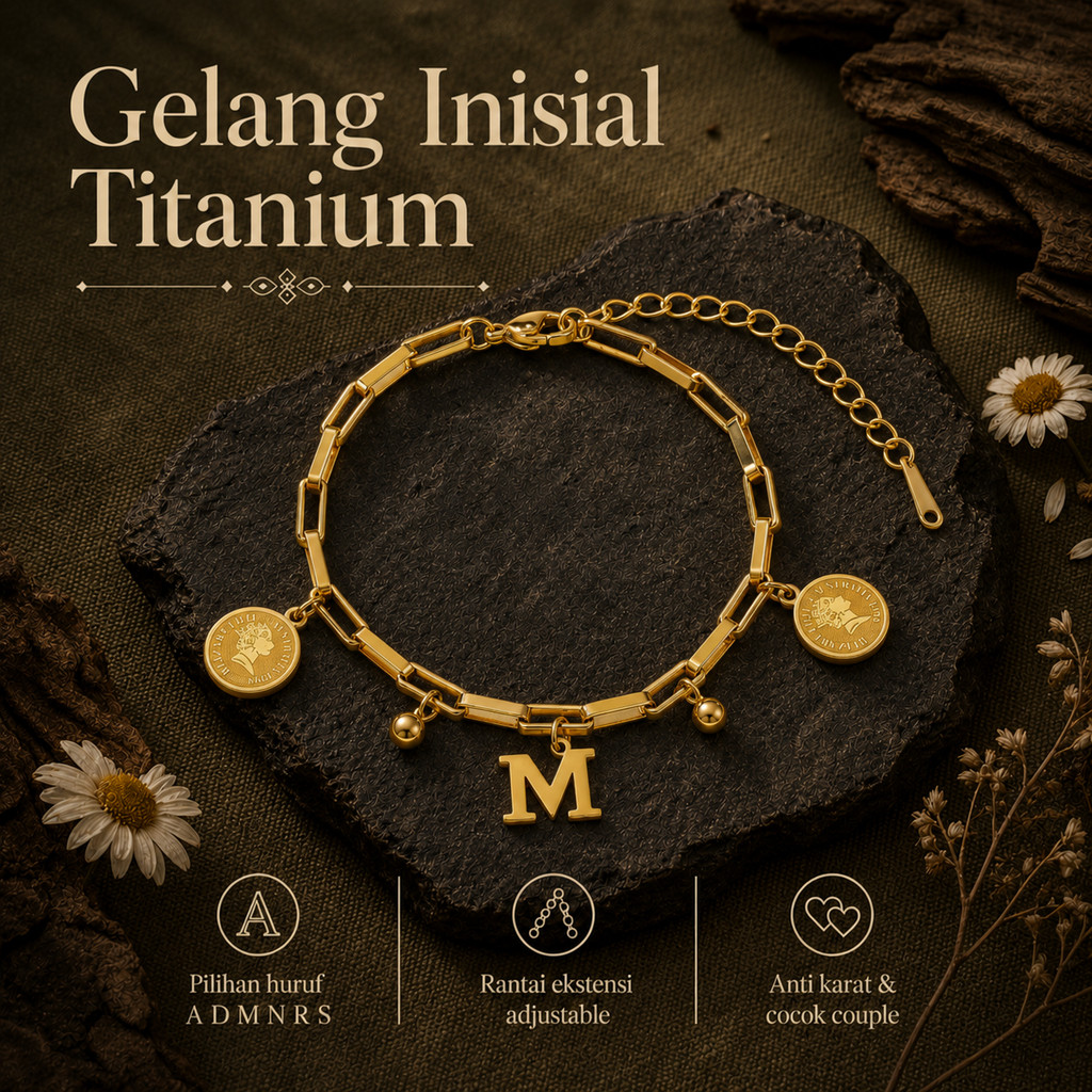 Gelang Inisial Huruf A D M N R S Titanium Adjustable Koin Emas Anti Karat Couple Korea