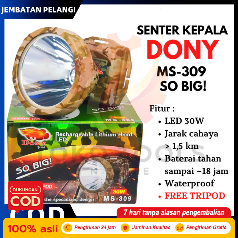 / DONY / Senter Kepala Cas / MS 309 / SOBIG 30 W 30 WATT / QLED LED T6 / Super Terang / Murah Senter