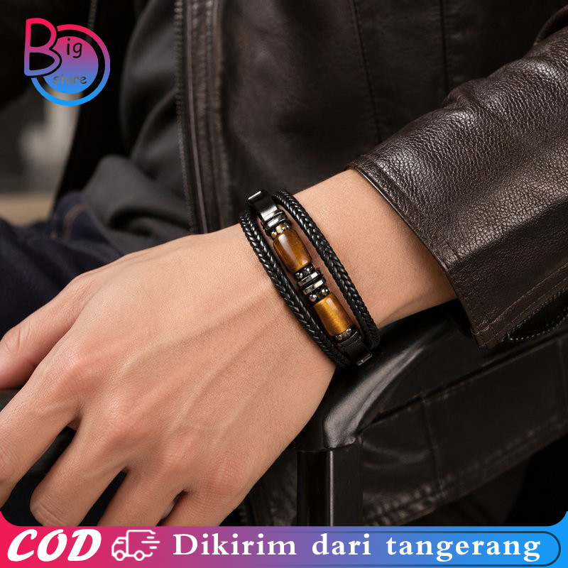 Gelang Kulit Mata Harimau Premium Bracelet Aksesoris Pria Multi-Lapis Hitam