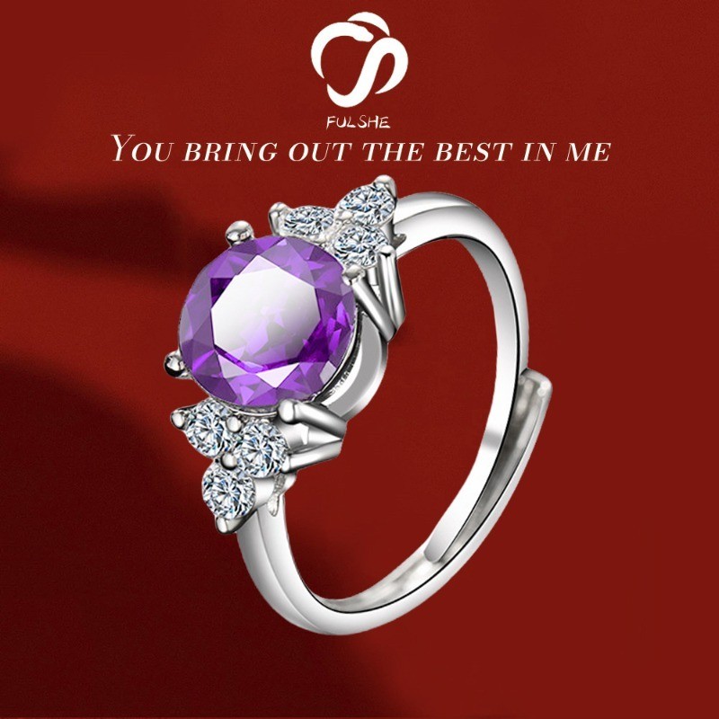 FULSHE Cincin Berlian Wanita Asli PT950 Berlian Bulat Ungu Zircon 5A Platinum Emas