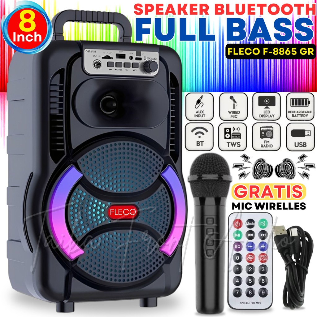 SERBA COD Speaker Bluetooth Full Bass FLECO F-8865 GR FREE MIC WIRELESS + REMOT + CASAN TIPE-C | Spe
