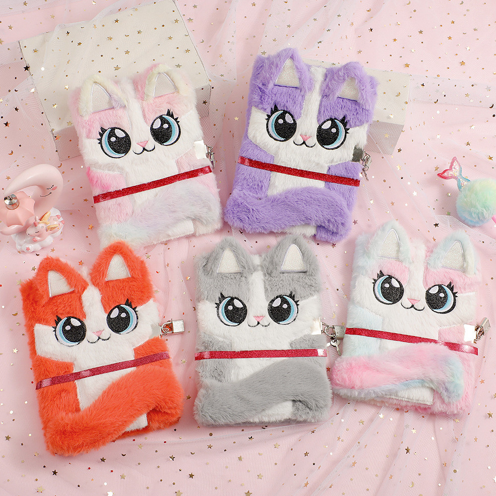 

A5 Plush Kawaii Kitty Notebook Cute Cartoon Cat Diary with Lock Kawaii Cat Ear Plush Notebook Fox Diary Book School Stationery