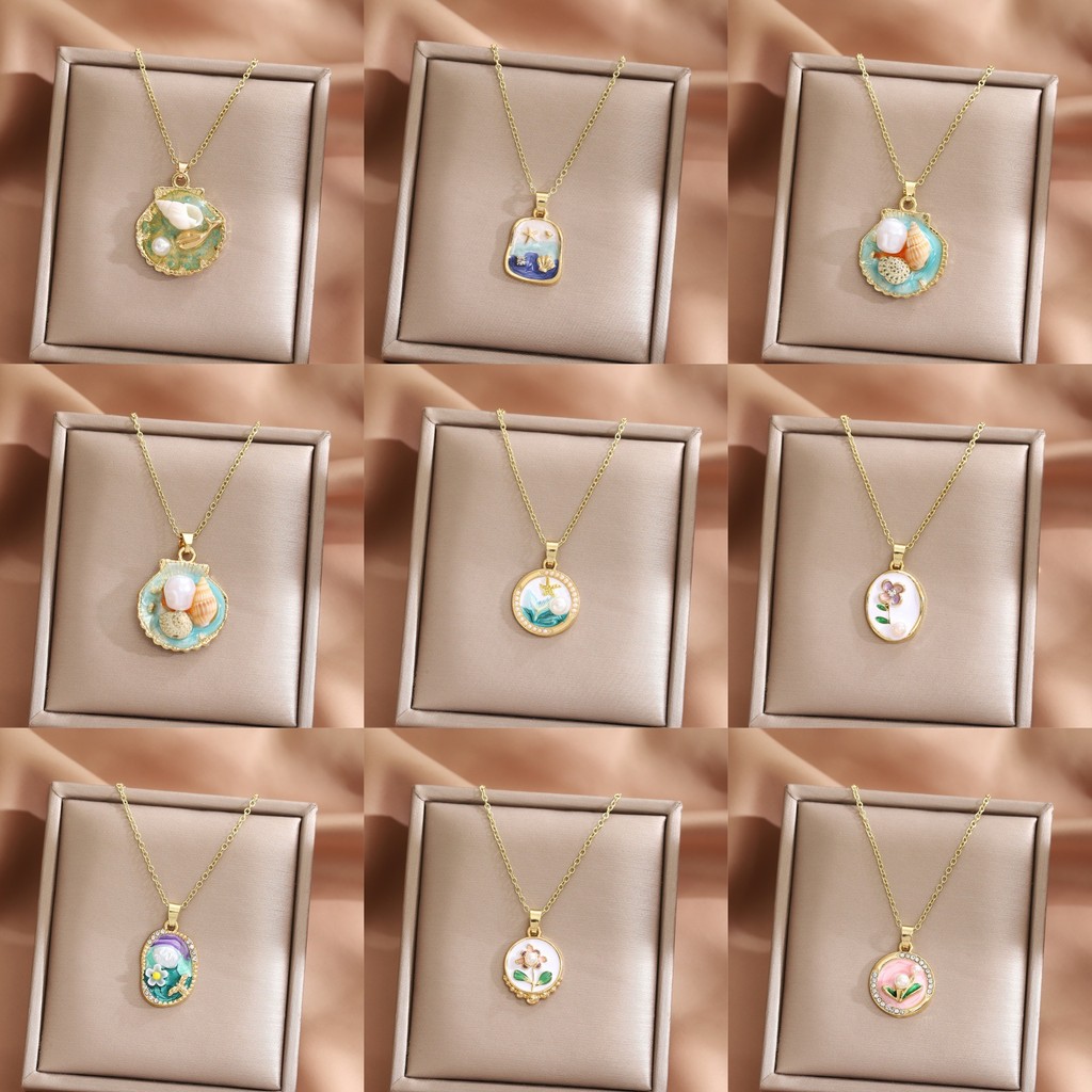 Kalung Lukisan Minyak Monet Garden, Kalung Liontin Cangkang Rantai Tulang Selangka Wanita