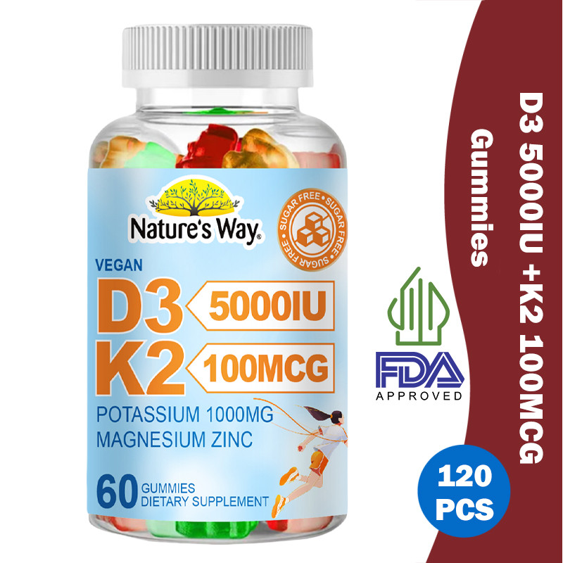 Natures Way Vitamin D3 5000IU + K2 100mcg Gummies 60pcs – Suplemen dengan Magnesium & Zinc untuk Tul