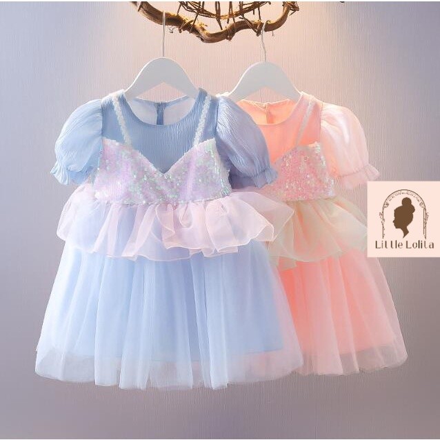 READY [COD] 0-3th Dress Anak import  PEPLUM SEQUIN DRESS GAUN KOREA - Baju Baby Bayi Anak Gaun Tile 