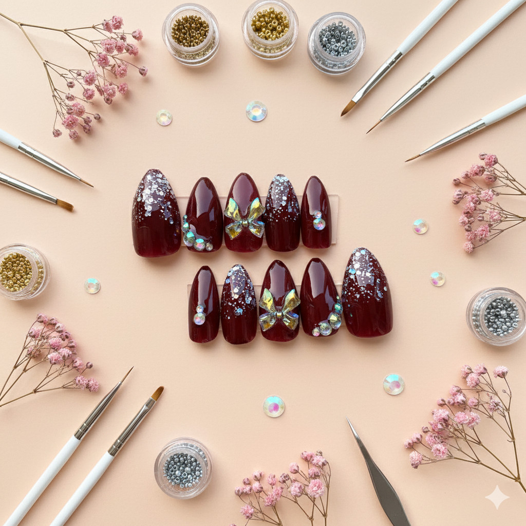 KUKU PALSU ID - Kuku palsu maroon| Press on nails pita 3d handmade wedding| Kuku palsu oval pendek f