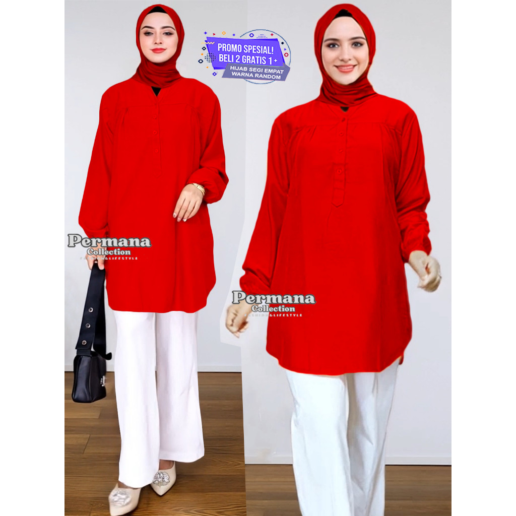 BIGMAXS Fashion Busana Muslim Wanita: Baju Atasan Blouse Kemeja Lengan Panjang Warna Merah Jumbo Siz