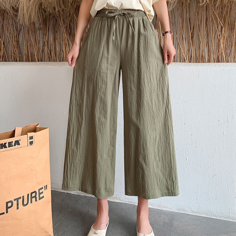 Air CK009-2 High Waist Celana linen kasual berpinggang tinggi dengan kaki lebar Celana Linen Kulot H