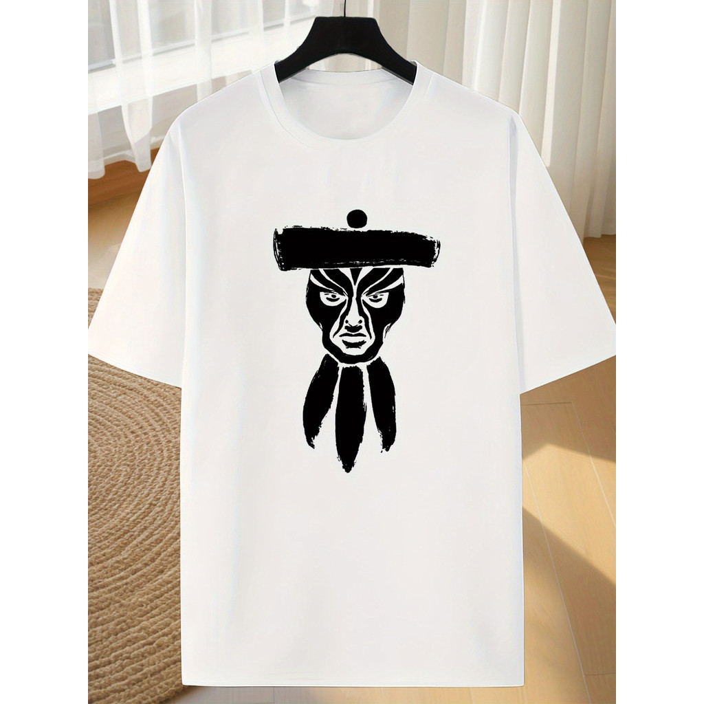 Kaos Grafis Putih Pria dengan Cetakan Masker Geometris Hitam - Kaos Santai Lengan Pendek Leher Bulat