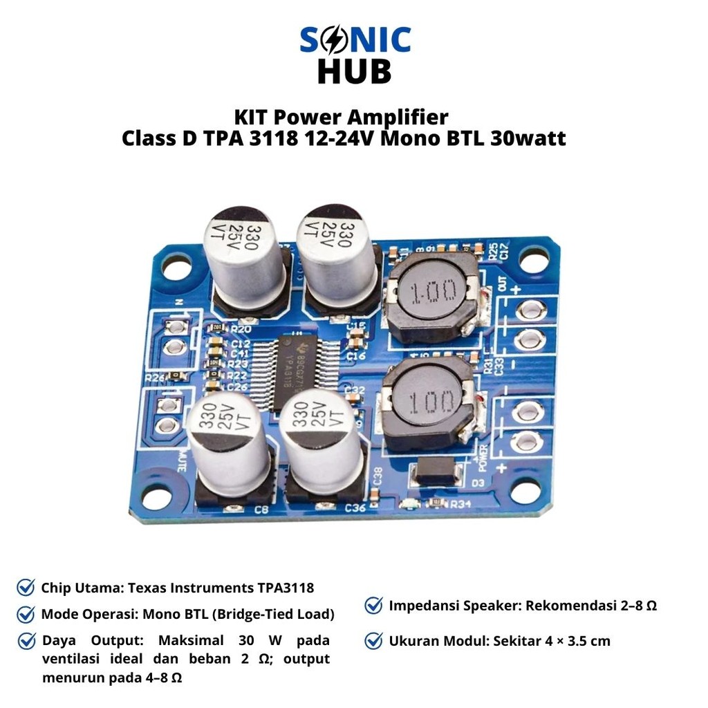 KIT Power Amplifier Class D TPA 3118 12-24V Mono BTL 30watt