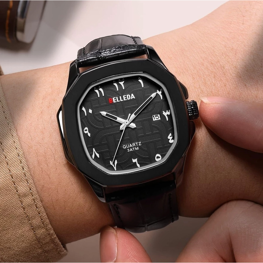 Jam Tangan Pria Wanita Belleda 9484-2 Quartz Tanggal Strap Leather Arbick Anti Air 3 Atm Watches