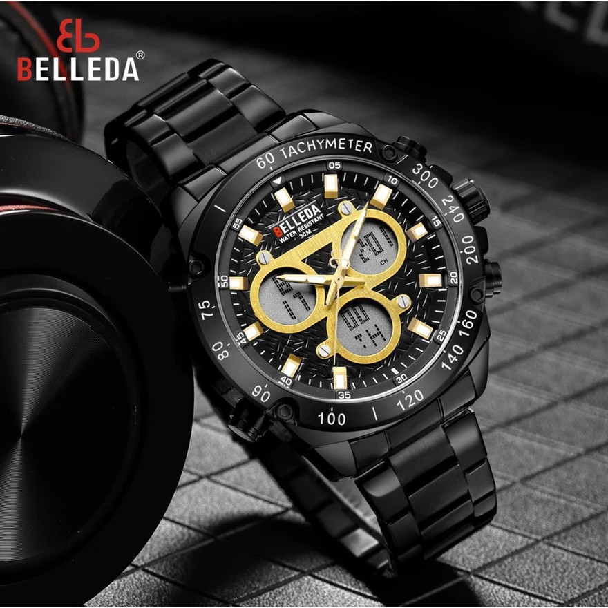 Jam Tangan Pria Belleda 9259 Digital Analog Double Time Rantai Stainless Steel Anti Air 30 Meter