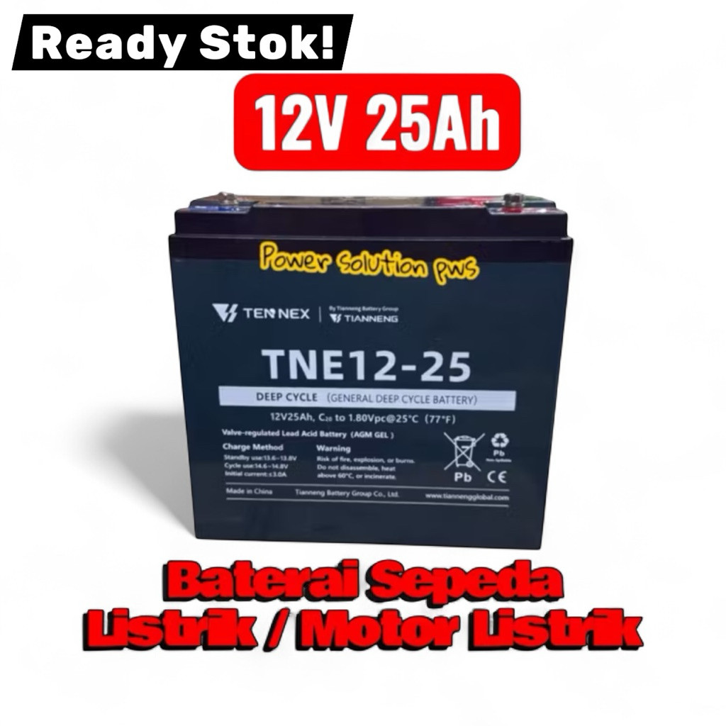 Aki tianneng TNE12-25 12volt 25ah 6dzm20 kepala baut original. Baterai Sepeda listrik / Motor Listri