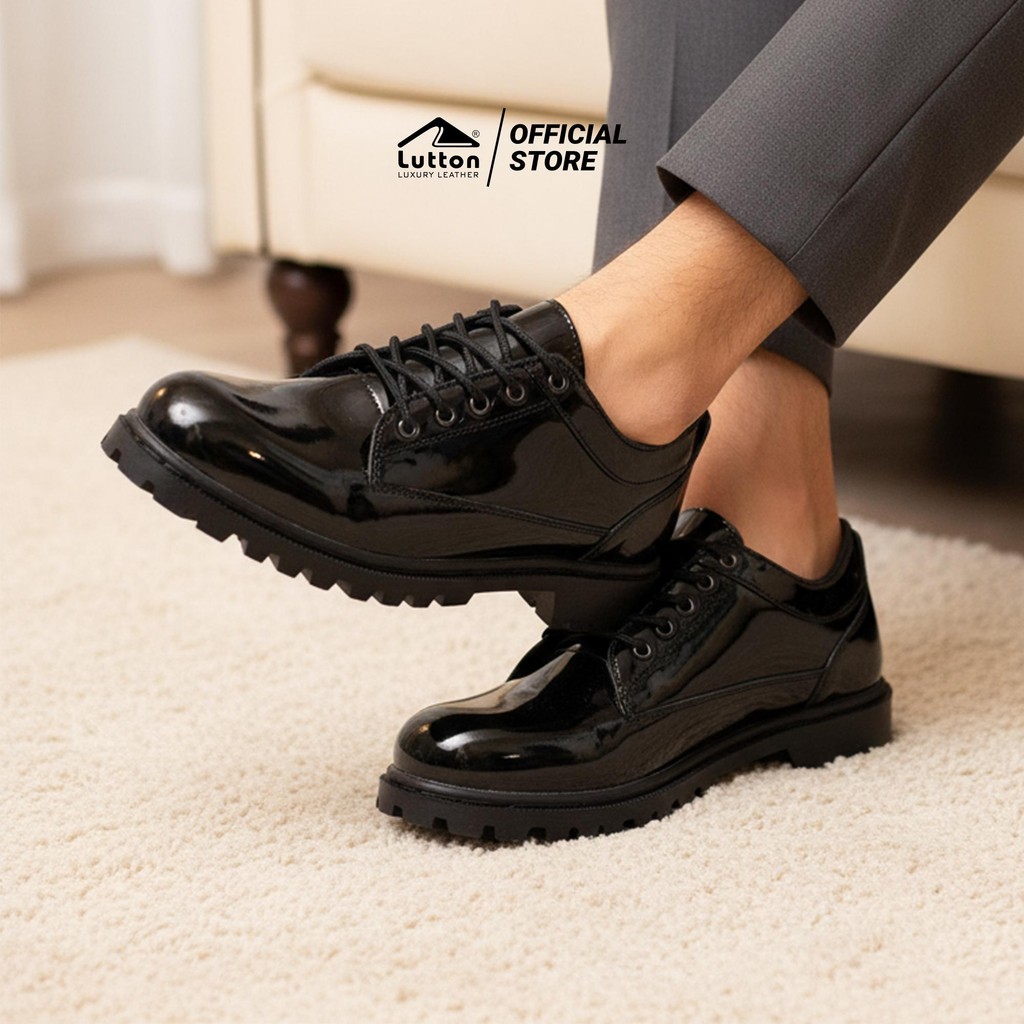 Sepatu Pria Lutton SESA Kulit Sintetis Premium Sol Tebal Jahit Hitam