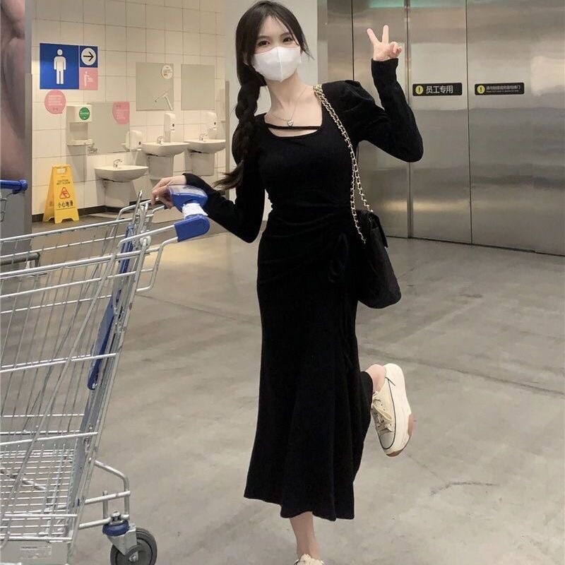 BRIGIXSHOP G009-Gaun Wanita Basic Knit Slim Long Sleeve Dress lebaran dress  serut  samping   panjan