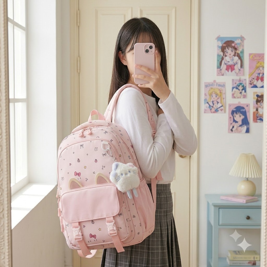 SACHI-BABF32 Tas ransel anak perempuan motif kucing lucu Tas sekolah SD SMP SMA kapasits besar anti 