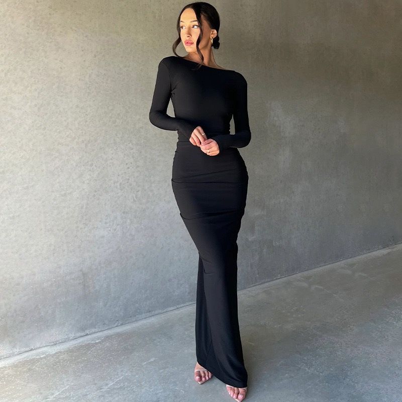 SHEING Dress Panjang Wanita Lengan Panjang Backless Maxi Long Dress