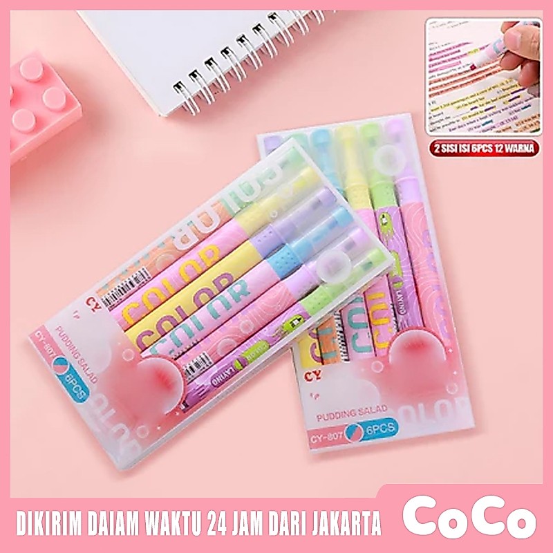 Highlighter Pastel Dua Sisi 6 Warna Set Alat Tulis Penanda Stabilo untuk Buku Catatan Jurnal