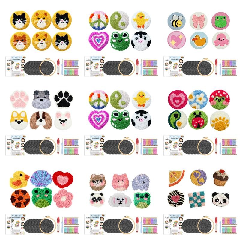

6Pcs Animal Pattern Craft Punch Needle Coaster Kit Easy Punch Needle Embroidery Kit for Beginners DIY Set Tufting Coaster Gifts
