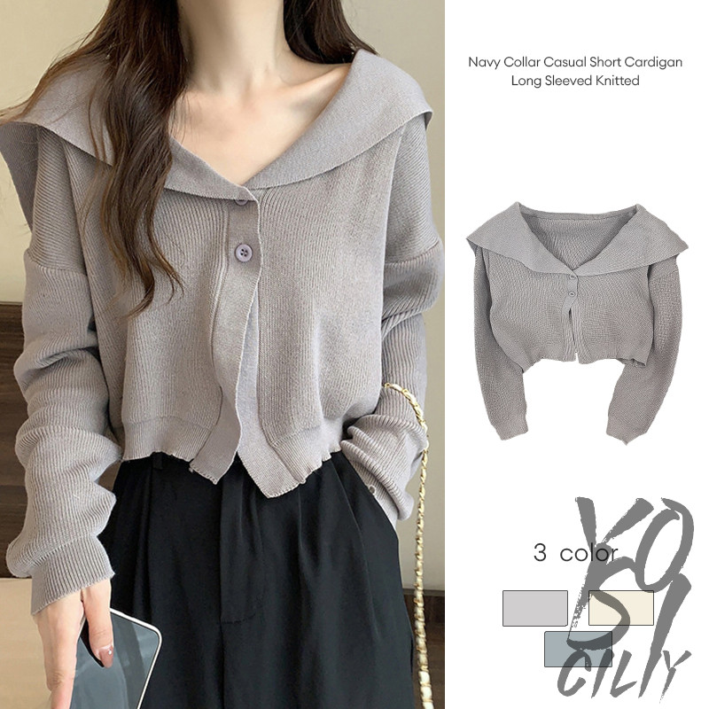 Navy Collar Casual Short Cardigan Long Sleeved Knitted Top Women Comfortable Knitwear YO
