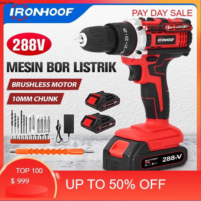 IRONHOOF 288V Mesin Bor Brushless Bor Listrik Bor Baterai Mesin Bor Listrik Cordless 10MM Drill Bor