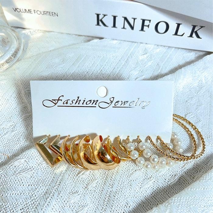 Vary Vase Korea Kepribadian Elegan Anting-Anting Persegi Emas Perak Perak Anting-Anting Bulat Mutiar