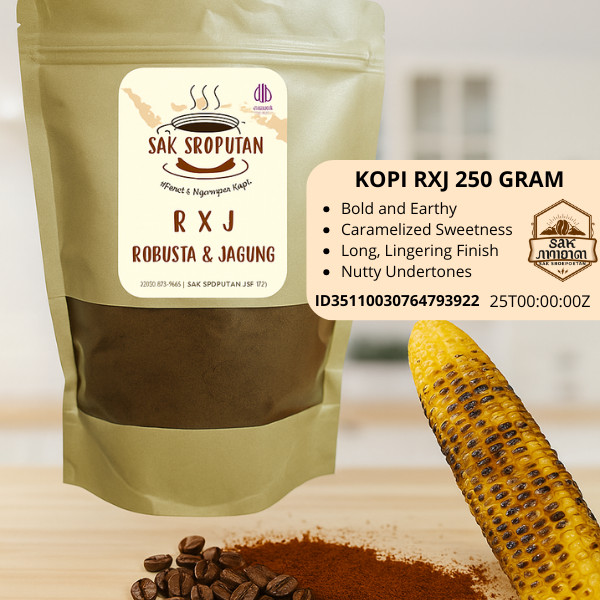 

Kopi Bubuk RXJ 250 GRAM yang dirancang dengan perpaduan kopi robusta dan jagung