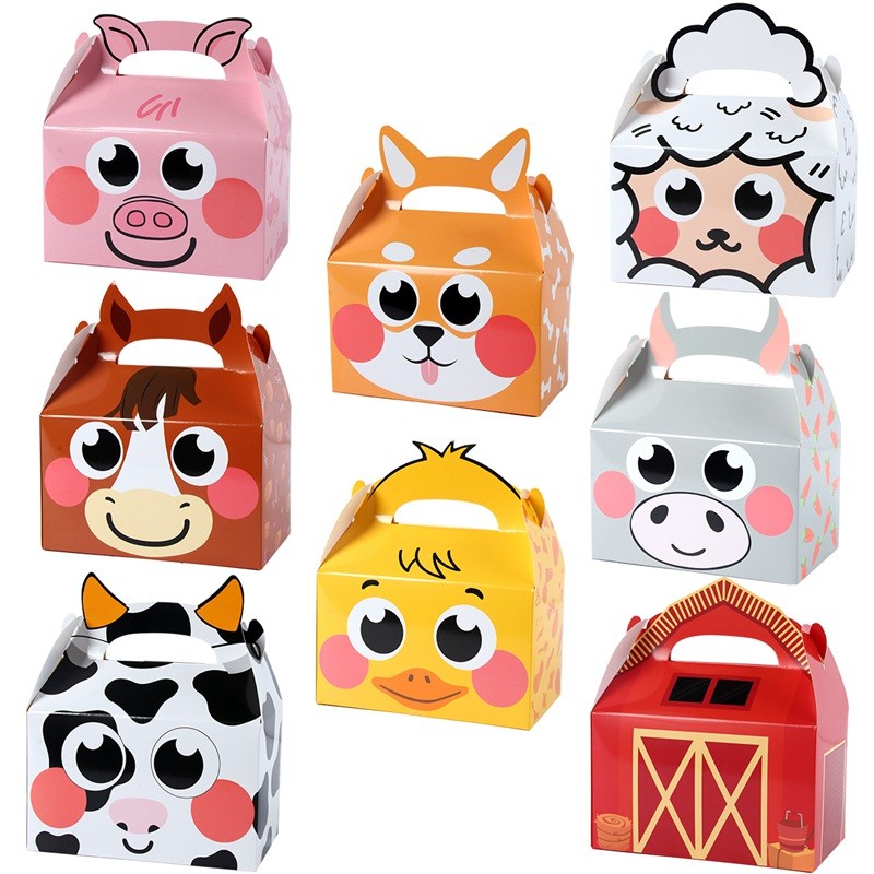 

8Pcs/lot Jungle Animal Candy Box Cow Sleep Dog Duck Gift Box Portable Hanging Biscuit Packing Boxes Farm Birthday Party Favors