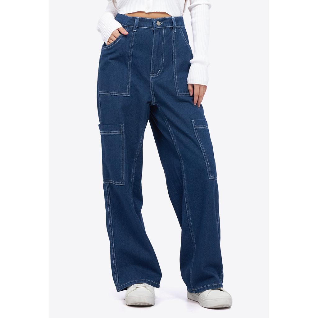 GK27WS COLORBOX High Waist Loose Cargo Jeans Med Blue