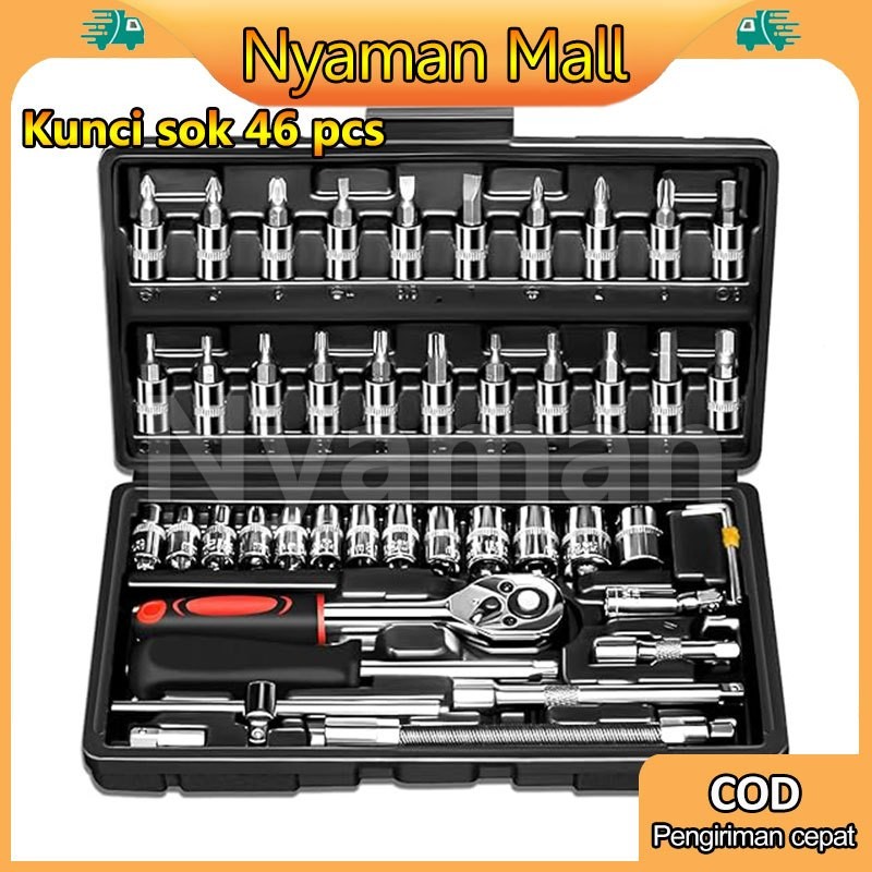 Set Kunci Sok Kunci Shock 46 pcs Mobil Motor Lengkap Socket Tool Kit set Pas Ring  Motor Mobil KUNCI
