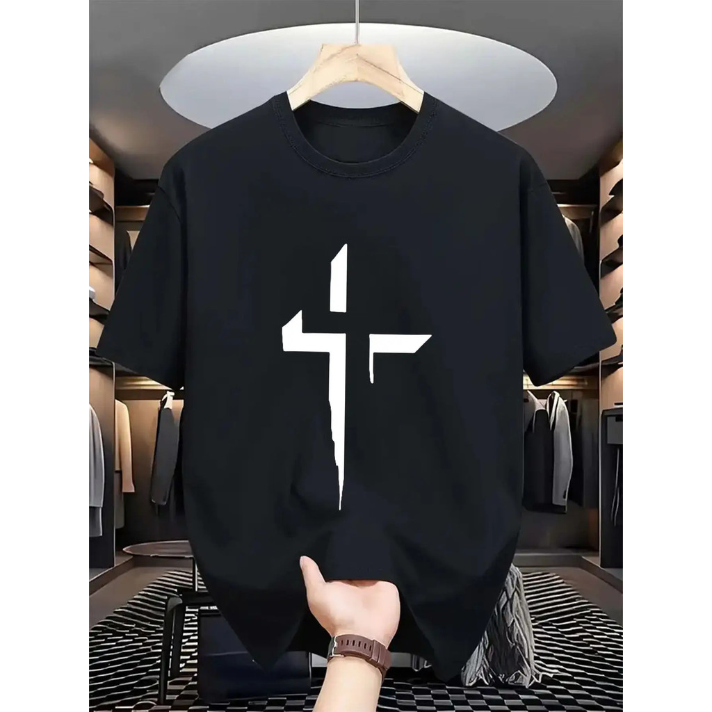 1pc Kaos Hitam Pria dengan Cetakan Salib Putih - Kaos Santai Leher Bulat Ringan dan Bernapas, Desain
