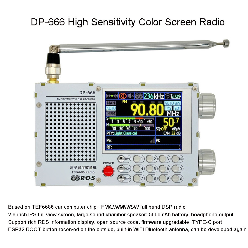 TEF6686 DSP Rao DP-666 High Sensitivity Full Band FM AM FM Shortwave 2.8-inch 320x240 Resolution 3.7