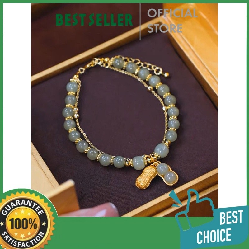 Gelang Giok Hijau Asli Batu Alam Wanita Retro Elegan Model Korea Simple Manik Manik Titanium Steel A