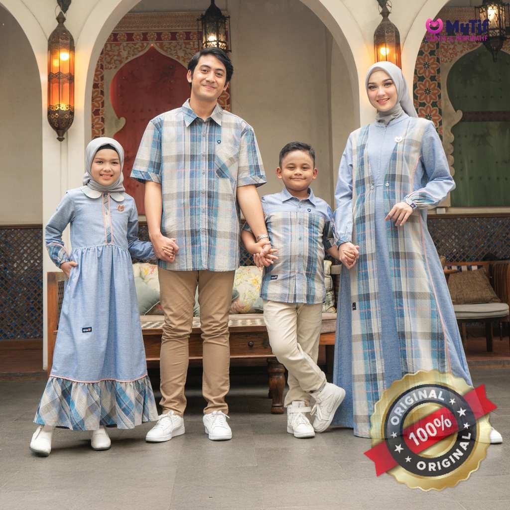 MUTIF Sarimbit Biru Candara Candra Misty Blue Motif Kotak Koko Tangan Pendek dan Gamis Baju Couple K