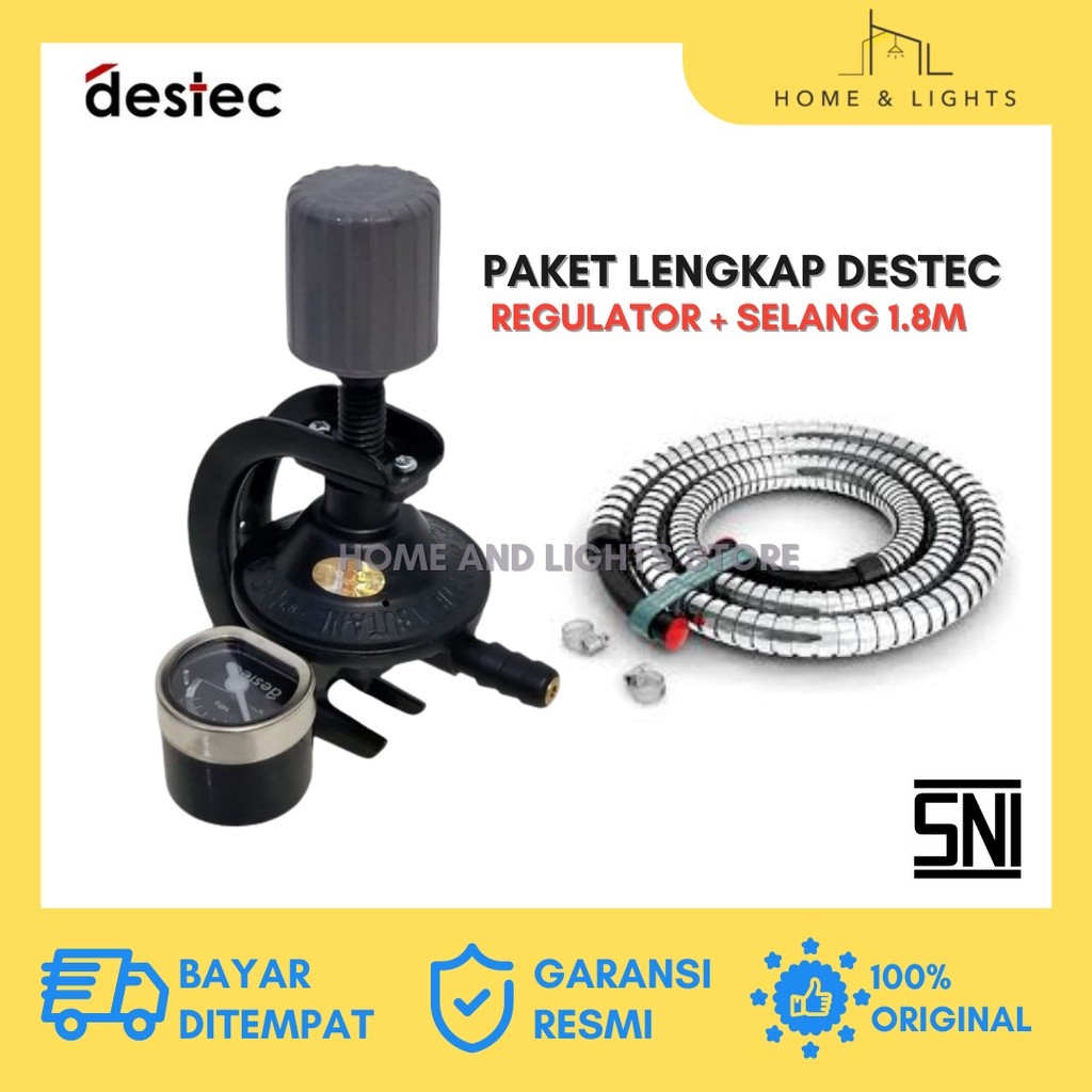 TOKOAKSA DESTEC Regulator Gas 201-S Meter Otomatis SNI - Paket Regulator dan Selang 1.8M Kepala Gas 