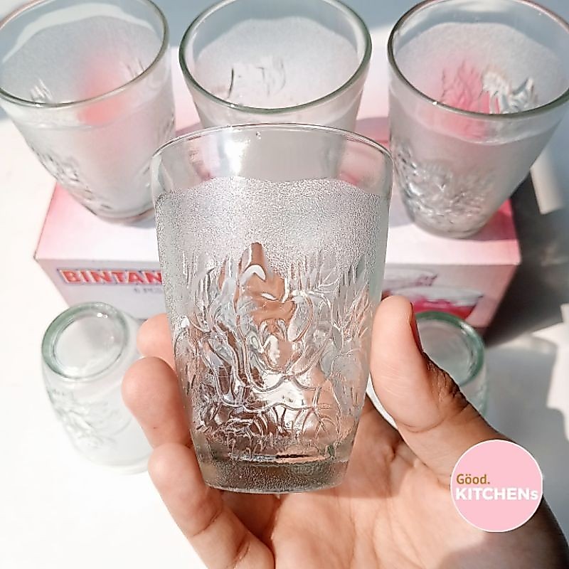 M206 [6 PCS] GELAS KACA GELAS MINUM GELAS KOPI GELAS MURAH GELAS SOUVENIR GELAS WARTEG BINTANG MAWAR