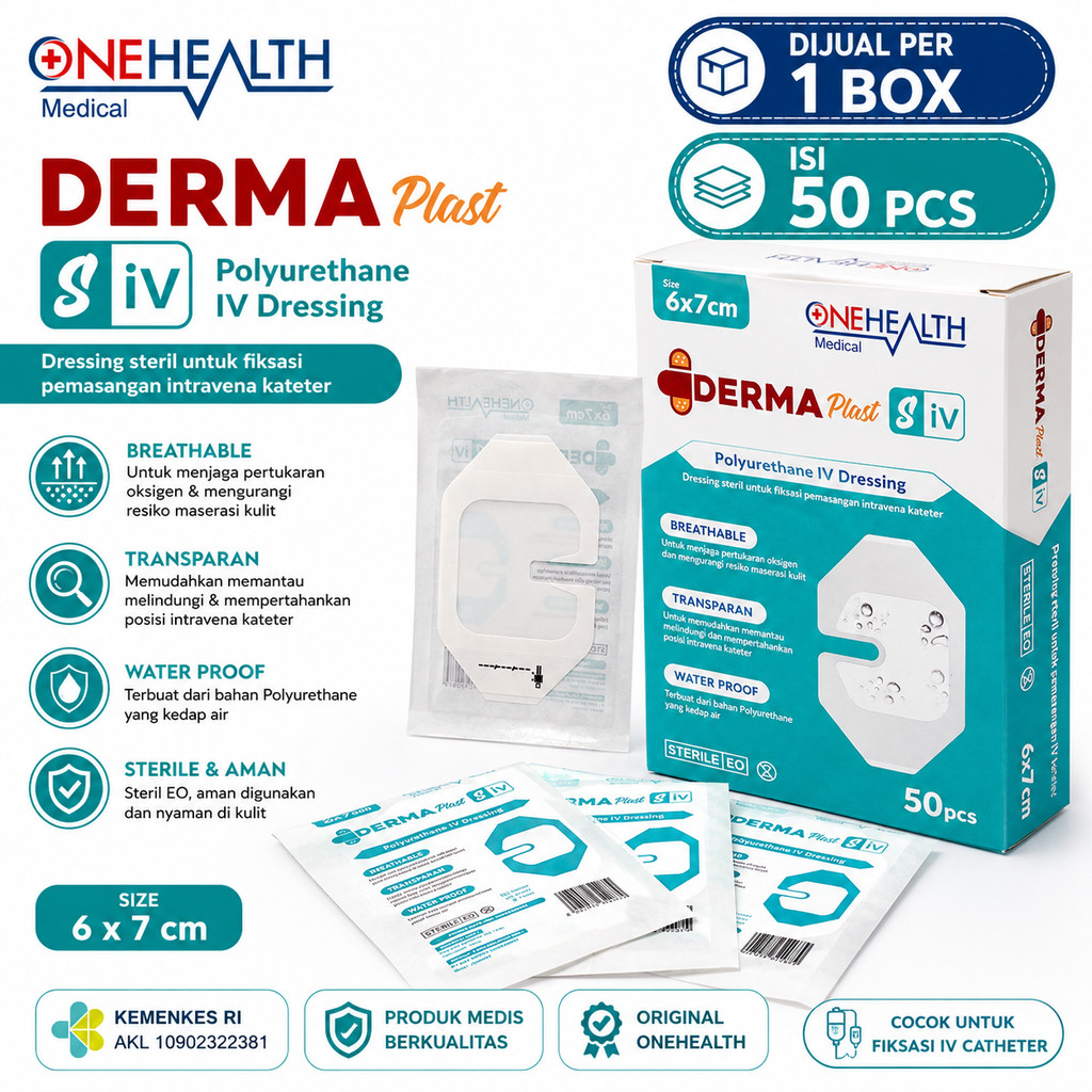 Derma Plast S IV Dressing 6x7cm OneHealth Polyurethane IV Dressing Transparan Waterproof Steril Isi 